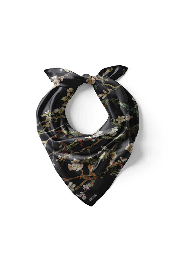 Siyah Badem Çiçeği İpek Mendil - 2