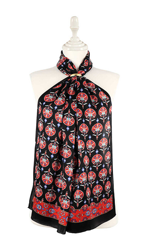 Black Carnation Pattern Silk Scarf - 1