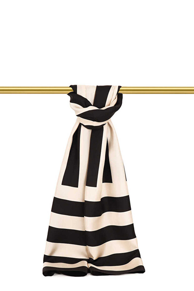 Black Line Pattern Twill Silk Shawl - 1
