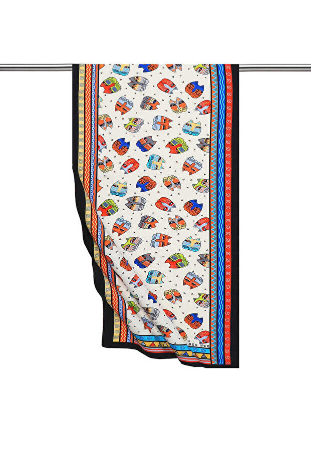 وشاح حريري منقوش باللون الأصفر الفيروزي - 1