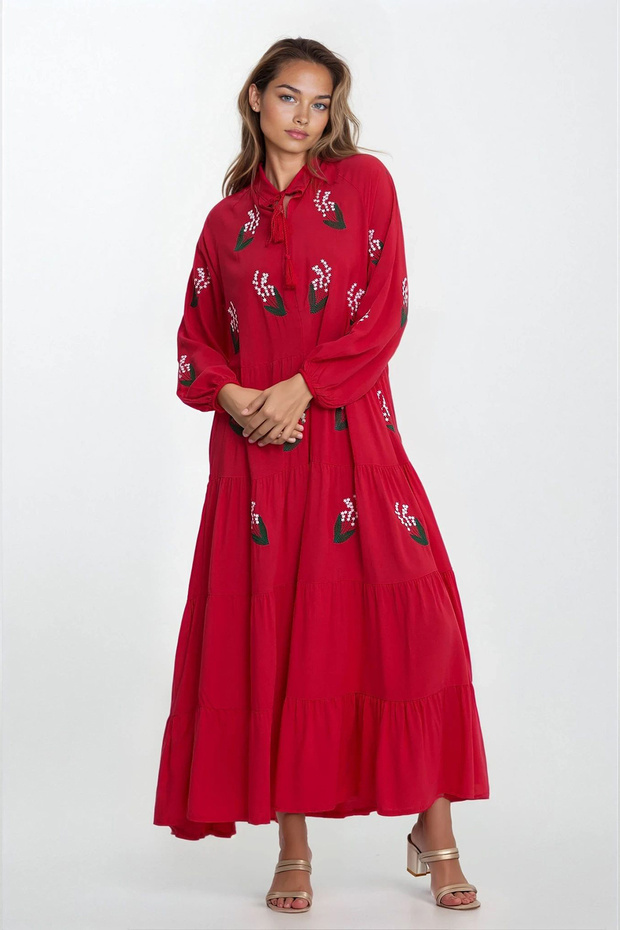 Women's Red Embroidered Judge Collar Lace-Up Plus Size Dress Vs00321