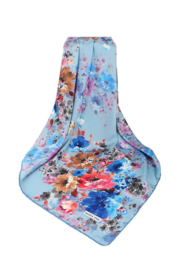 Turquoise Geranium Pattern Silky Scarf - 3