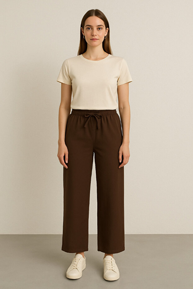 Lace Detailed Wide Leg Elastic Waist Linen Trousers