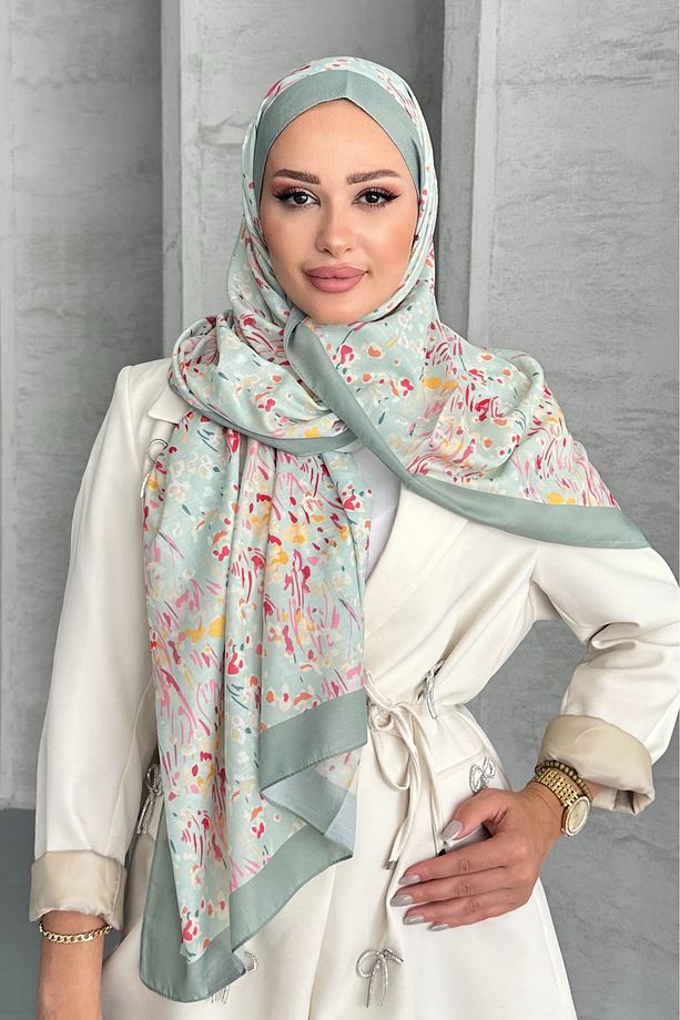 Etnik Leopar Çiçek Desen Çağla Yeşili Renk Soft Pamuk Şal - 5