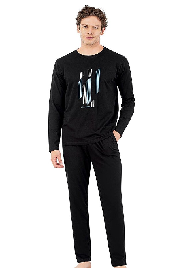 6063 Men's Long Sleeve Crew Neck Pajamas Set-Black