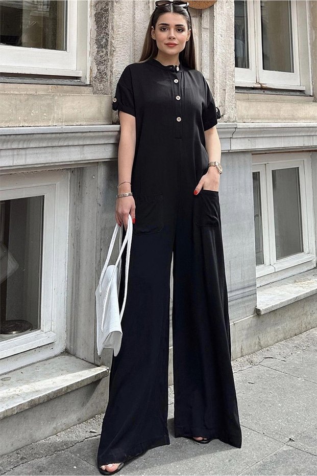 Women's Black High End Collar, Short Sleeve, Front Pouch Pocket, Loose Fit, Belmondo Safari Jumpsuit