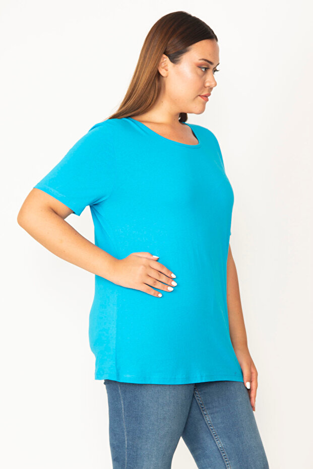 Women's Plus Size Turquoise, Cotton Fabric, Crew Neck, Short Sleeve Blouse 65N39056