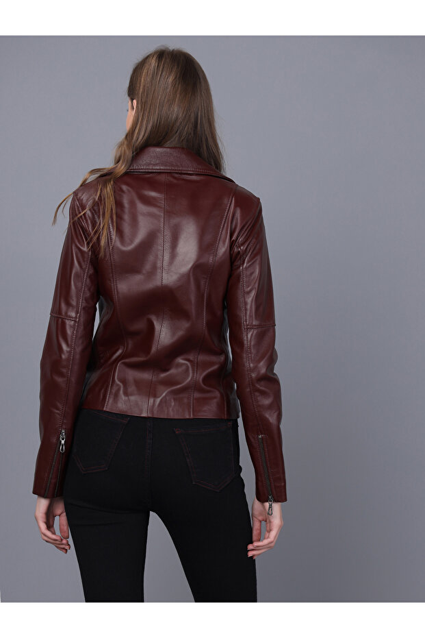 Kadın Bordo Deri Ceket - 7