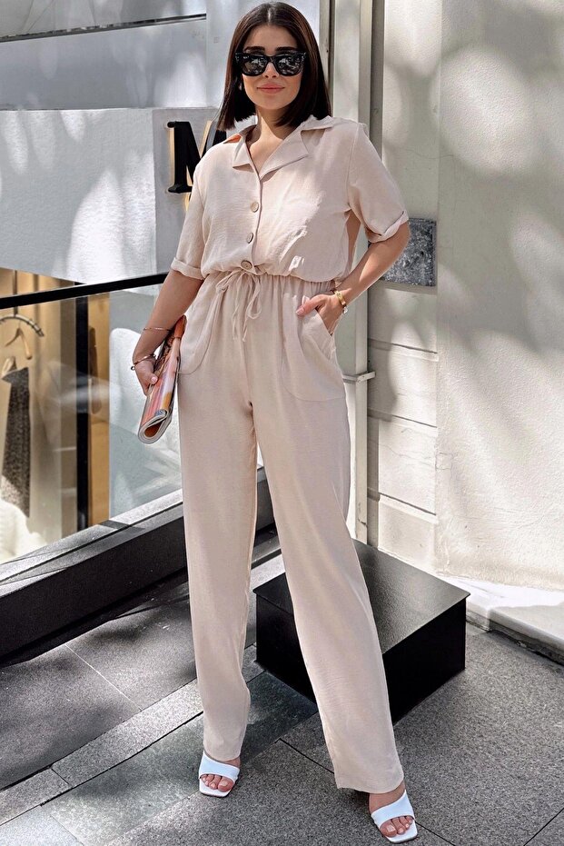 Beige Apache Collar, Short Sleeve, Linen/Airobin Fabric, Relaxed Fit, Half Placket, Drawstring Waist Jumpsuit