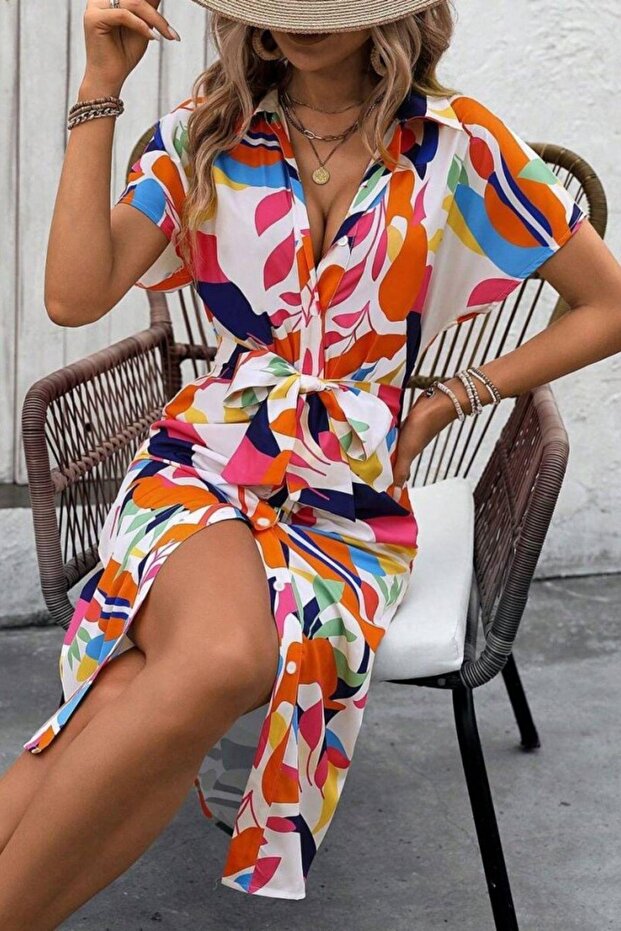 Short Sleeve Buttoned Patterned Single Jersey Dress - Patterned - 1