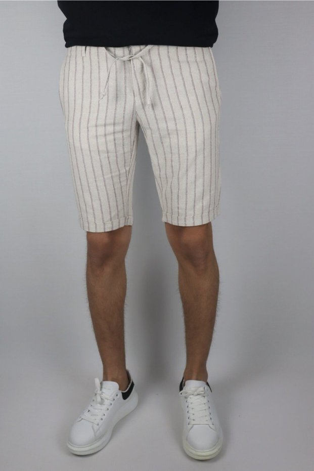 Men's, Waist Lace-up, Striped, Double Leg, Cotton Linen Shorts