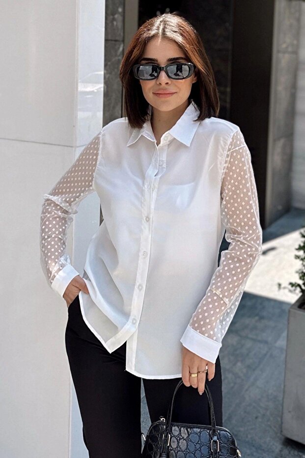 White Classic Collar, Long Sleeve, Plain Fabric, Regular Fit/Cut, Sleeves Polka Dot Tulle Shirt