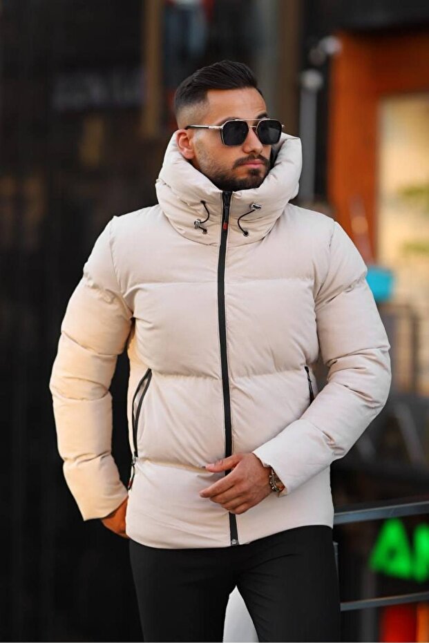 Men's Puffer Model Beige Puffer Jacket - 1