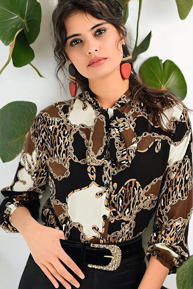 Women's Patterned Special Collar Long Sleeve Patterned Regular Cut Standard Size Shirt