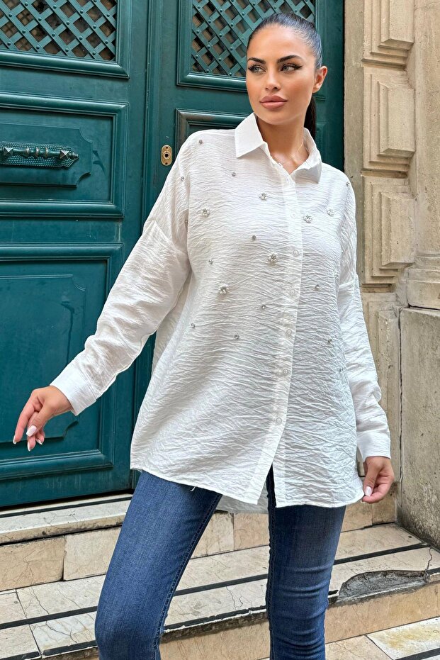 White Stone Detail Linen Classic Shirt