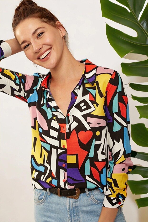 Women's Multicolor Classic Collar Geometric Patterned Long Sleeve Shirt, Regular Fit Standard Length