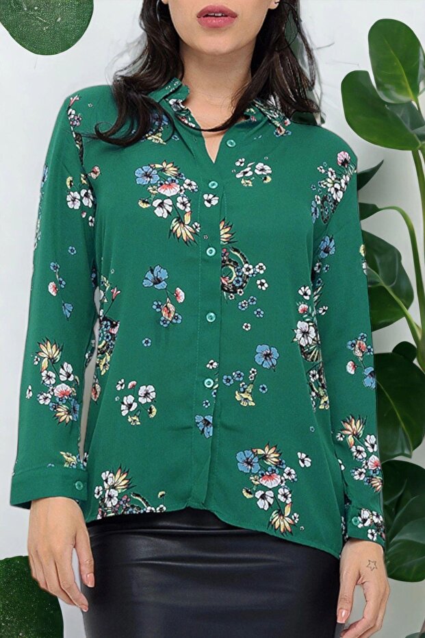 Women's Green Classic Collar, Long Sleeve, Floral Pattern, Regular Fit, Standard Length Shirt