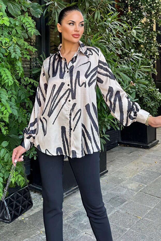 Beige Satin Shirt - Long Balloon Sleeve, Pleated Back, Loose Draped