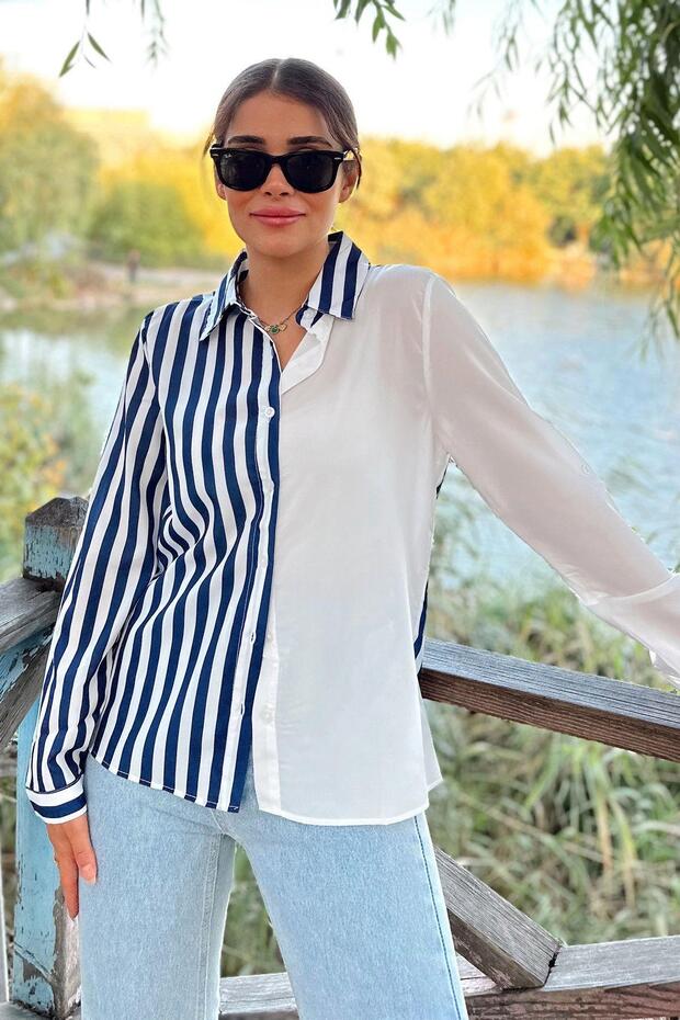 Women's Navy Blue Two-Color Striped, Long Sleeve, Regular Cut Shirt