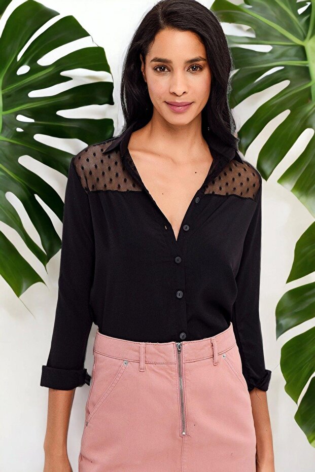 Women's Black Lace Detailed Long Sleeve Regular Cut Standard Size Shirt