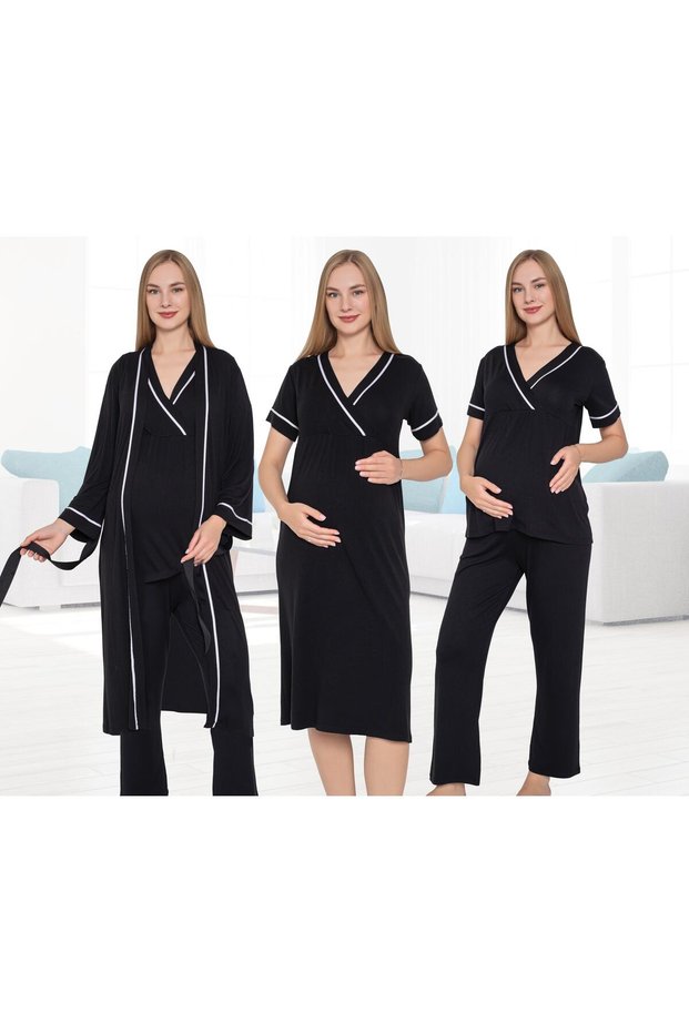 Morning Dress Stripe Detail Short Sleeve 4 Piece Maternity Pajamas and Nightgown Set