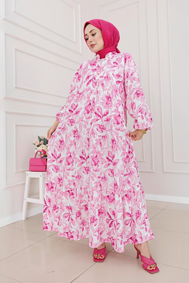 Half Button Lotus Dress-Pink