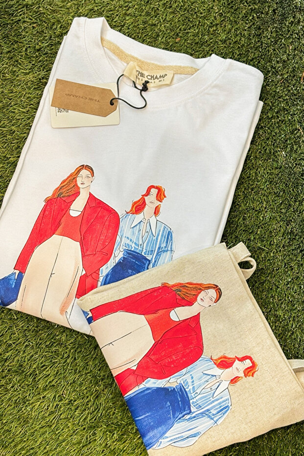 Women's Oversize Illustration Printed T-Shirt + Cloth Bag Gift Combination – 100% Cotton