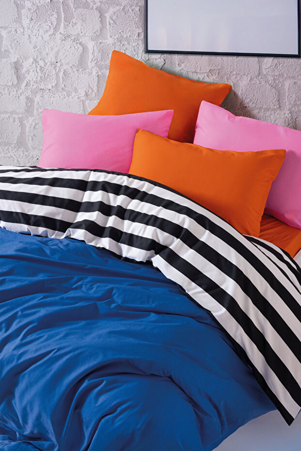 Popping Colors Double Fitted Sheet Duvet Cover Set Dusk Blue 180X200