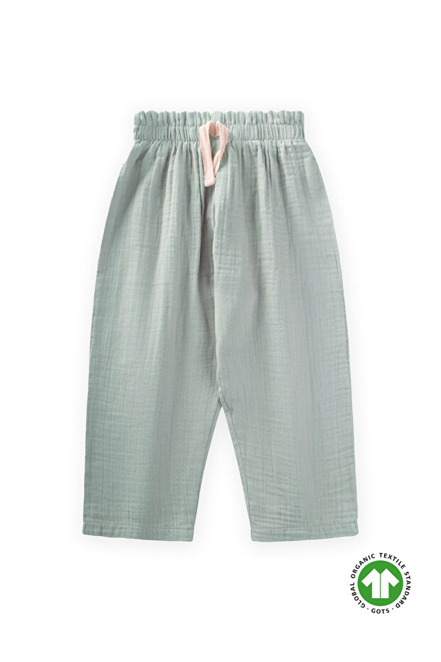 Ruffled Waist Wide Cut Muslin Trousers 1-8 Years Mint Green