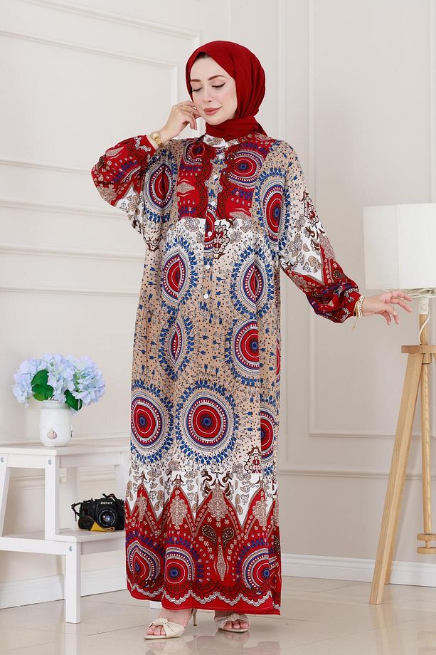 Yarım Düğmeli Robalı Kader Elbise-Bordo - 2