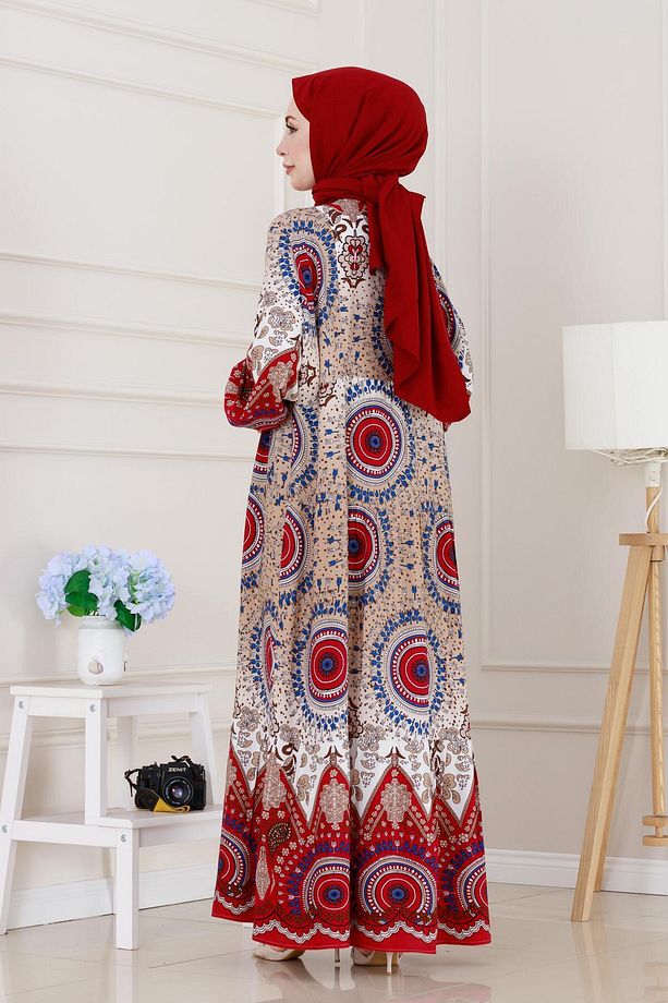 Yarım Düğmeli Robalı Kader Elbise-Bordo - 5