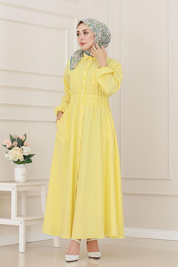 Beli Lastikli Cepli Elbise-Sarı - 1