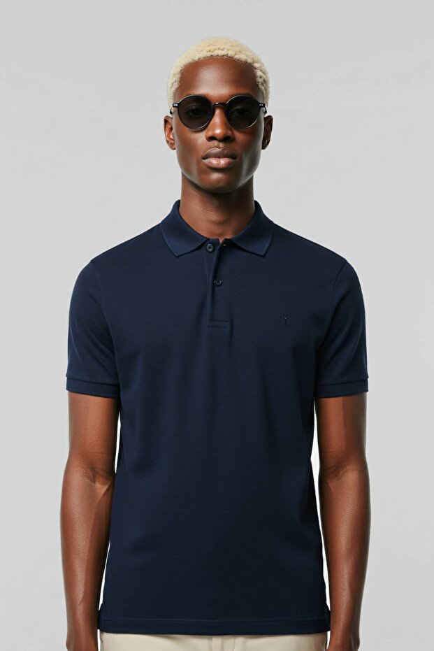 Men's Navy Blue Polo Neck Plain Relaxed Fit 100% Cotton Non-Pulling Men's Polo Neck T-Shirt