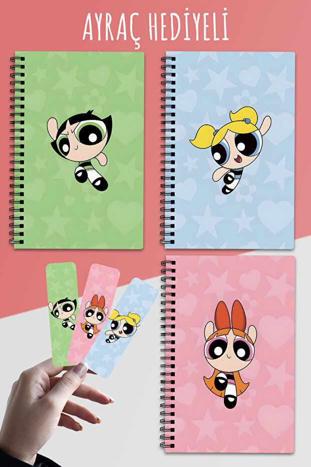 3 Pcs A5 Spiral Notebook with Powerpuff Girls Design (Blossom - Bubbles and Buttercup)