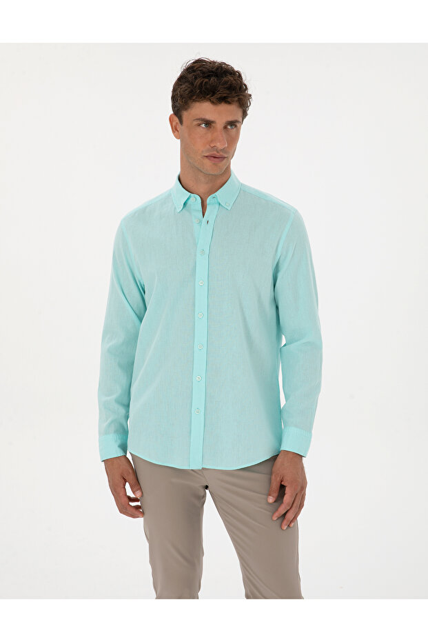 Nile Green Linen Blend Regular Fit Long Sleeve Shirt 50303388-Vr083