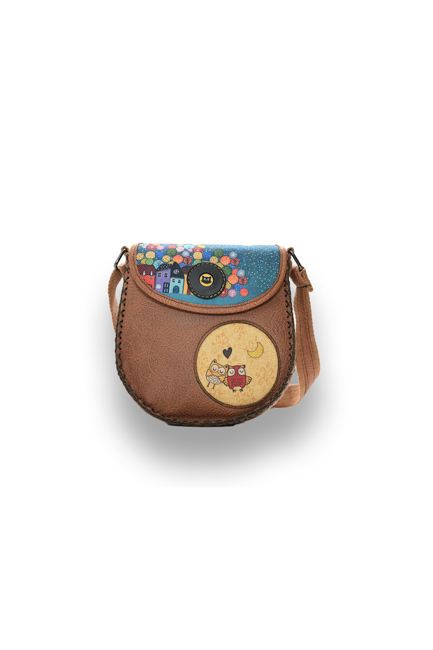 Baykuş Figürlü Tasarımlı Çapraz Örgülü Omuz Çantası Ve Cuzdan Kombin - Taba - 2