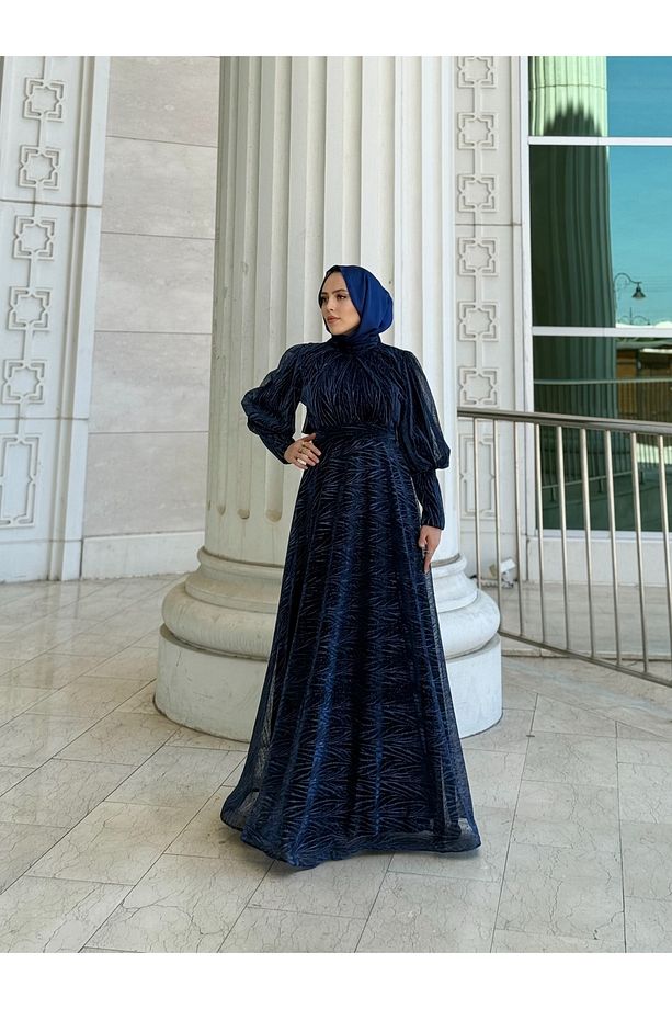 Tesettür Tül Abiye Elbise Jakarlı Simli Dokuma Kumaş Moda Düğün Şıklığı – Lacivert - 5