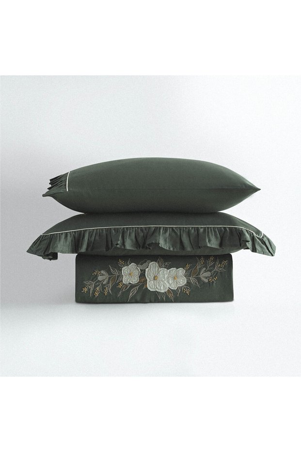 Vanya King Size Duvet Cover Set %100 Organic Cotton Satin Appliqué Embroidered Green 240x220 Cm