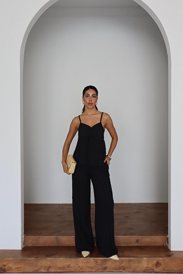 Wick Patterned Strap Blouse & Trousers Double Set - 1