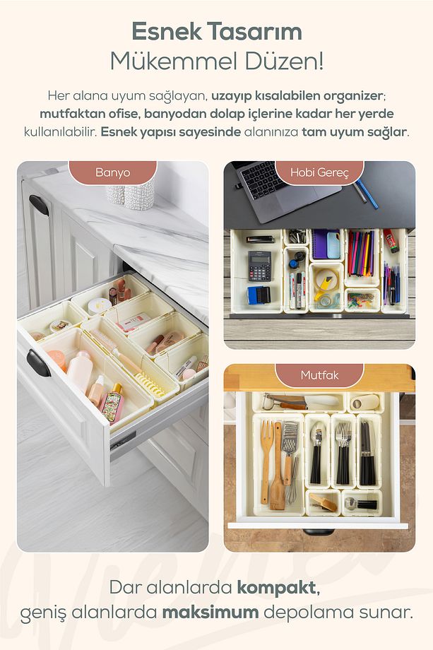 5'li Set Ayarlanabilir Çekmece Içi Düzenleyici Kutu – Uzayıp Kısalabilen Organizer Seti (2A2B1C) - 5