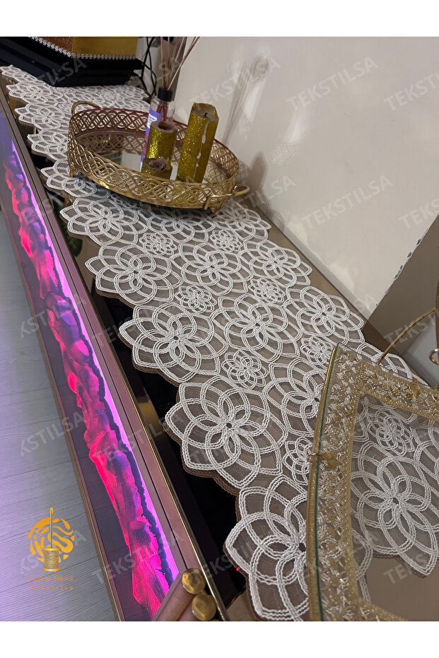 New Luxury Runner Living Room Coffee Table Table Cover Set French Laced Dowry Set WHITE 5 Pieces