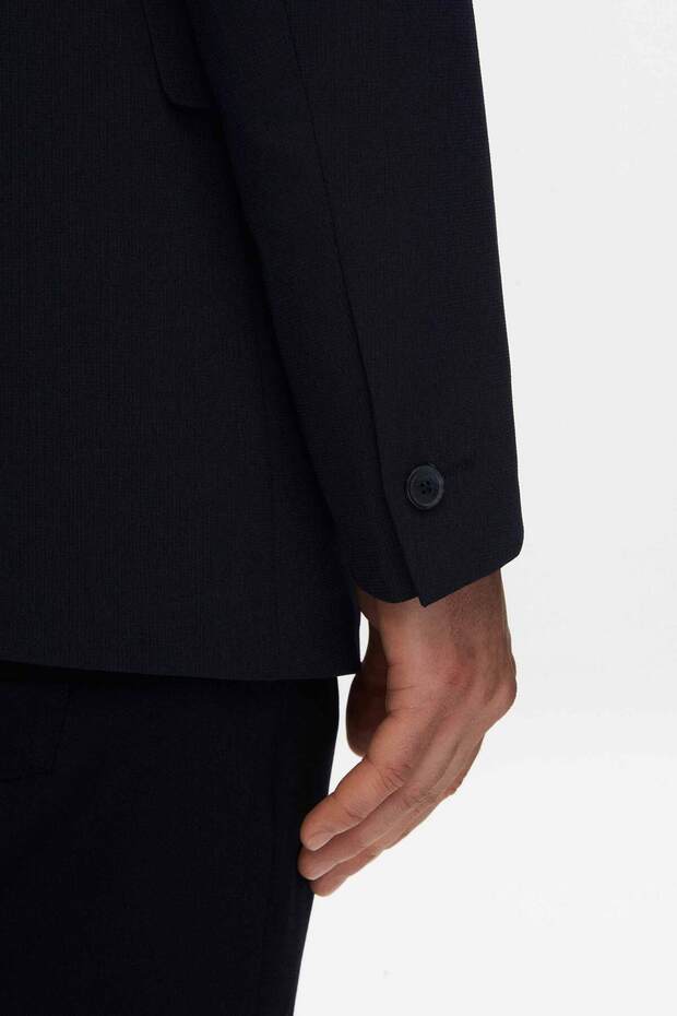 Slim Fit Lacivert Armürlü Bi Stretch Kruvaze Kumaş Ceket - 4