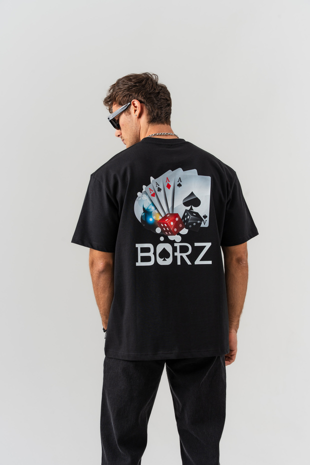 Men's Black Playing Card Back Print 100% Cotton Oversize Fit Crew Neck T-Shirt