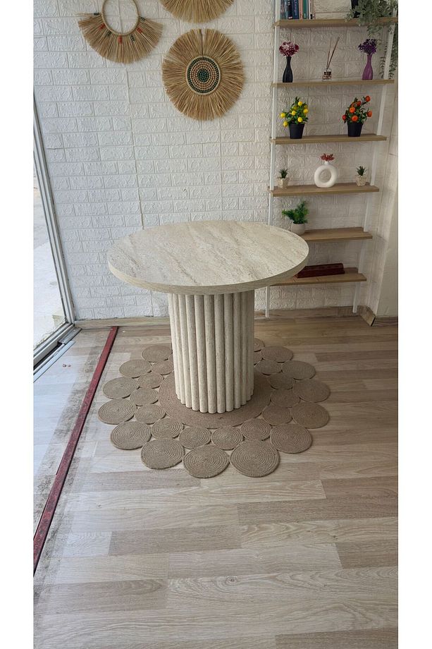 Concept Traverten Mermer Görünümlü Yuvarlak Ptt Ayak Masa (90 CM) - 3