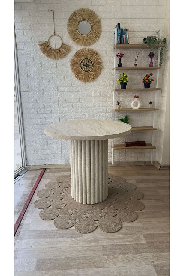 Concept Traverten Mermer Görünümlü Yuvarlak Ptt Ayak Masa (90 CM) - 1