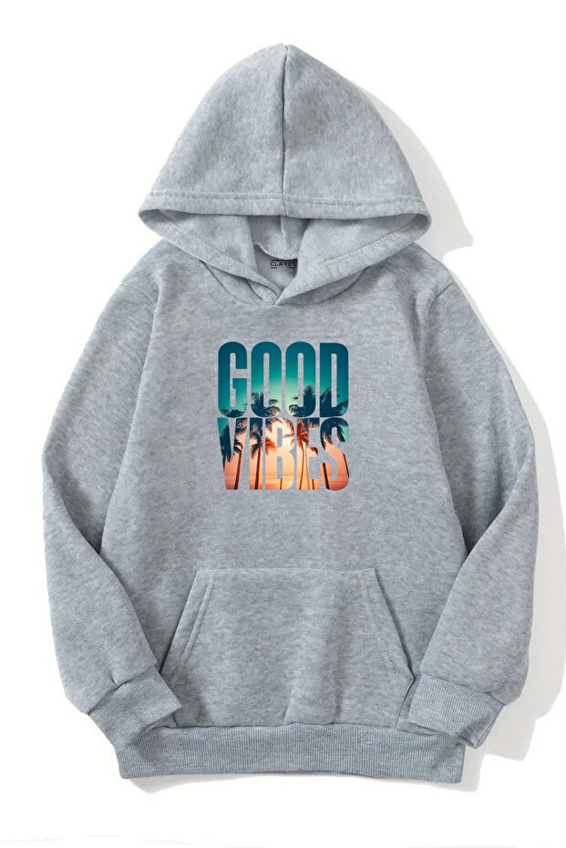 Unisex Gray Hooded Sweatshirt – Good Vibes Printed, Thick Fabric with Hood