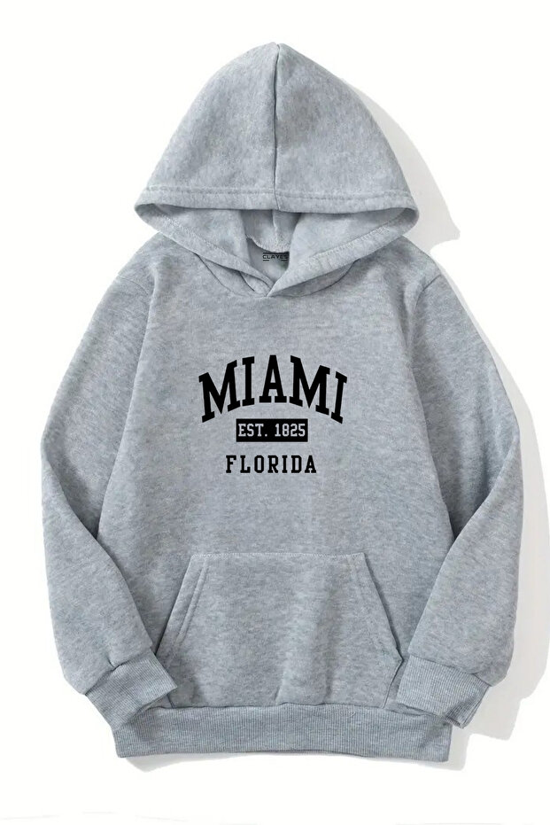 Unisex Gray Hooded Sweatshirt – Miami Florida Printed, Raised Thick Fabric