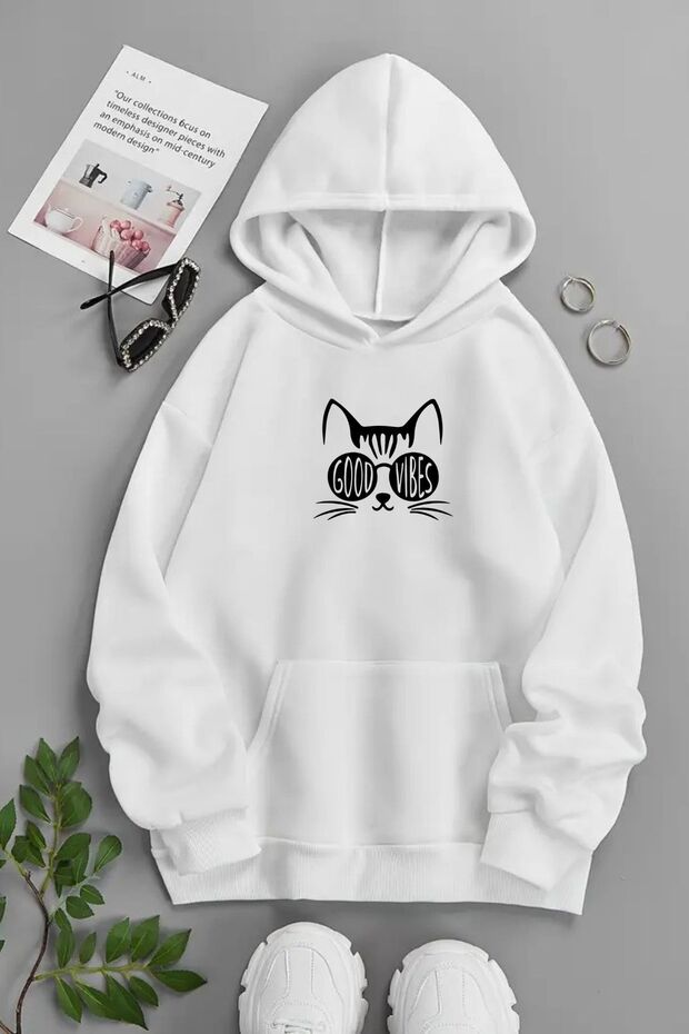 Unisex White Hooded Sweatshirt – Good Vibes Cat, Printed Thick Fabric
