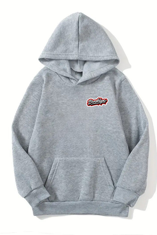 Unisex Gray Hooded Sweatshirt – Red Minimal Brooklyn Printed, Raised Thick Fabric