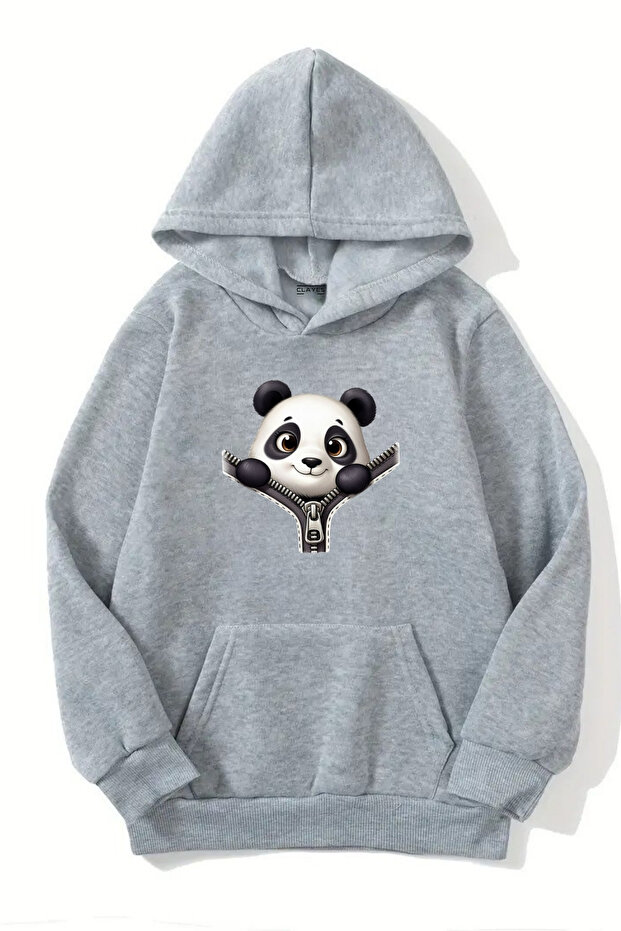 سويت شيرت بقلنسوة رمادي للجنسين – مطبوع عليه Zip Panda، قماش سميك